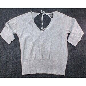 New York & Company Sz M Silver Metallic Tie-Back V-Neck Sweater Glam Y2K Style